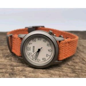 Vintage Guess 36mm Watch 1997 Silver Tone Orange Fabric Band - New Battery